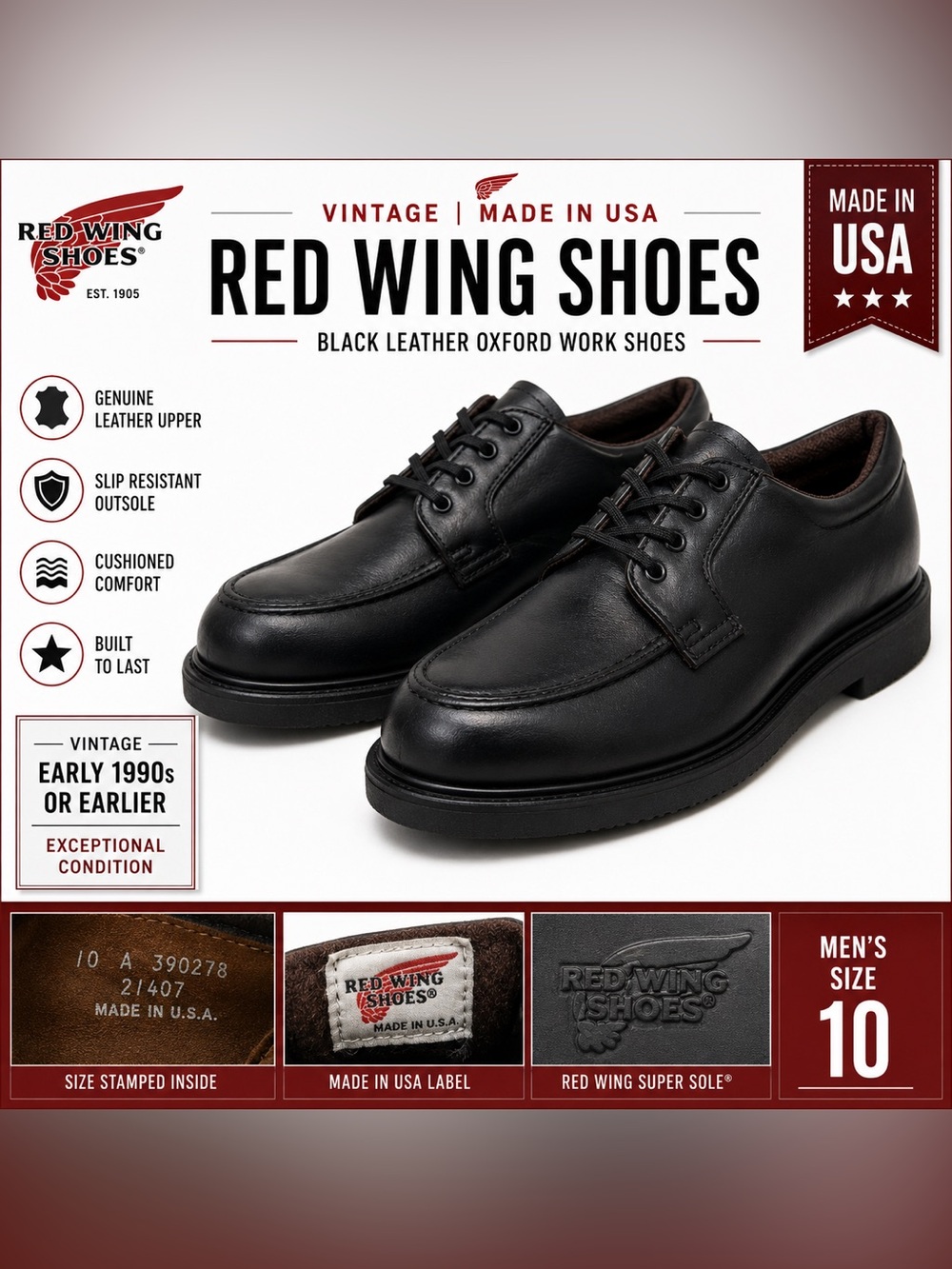 Red Wing Shoes Vintage Made USA Black Leather Oxford Work Shoes Men’s Size 10 A